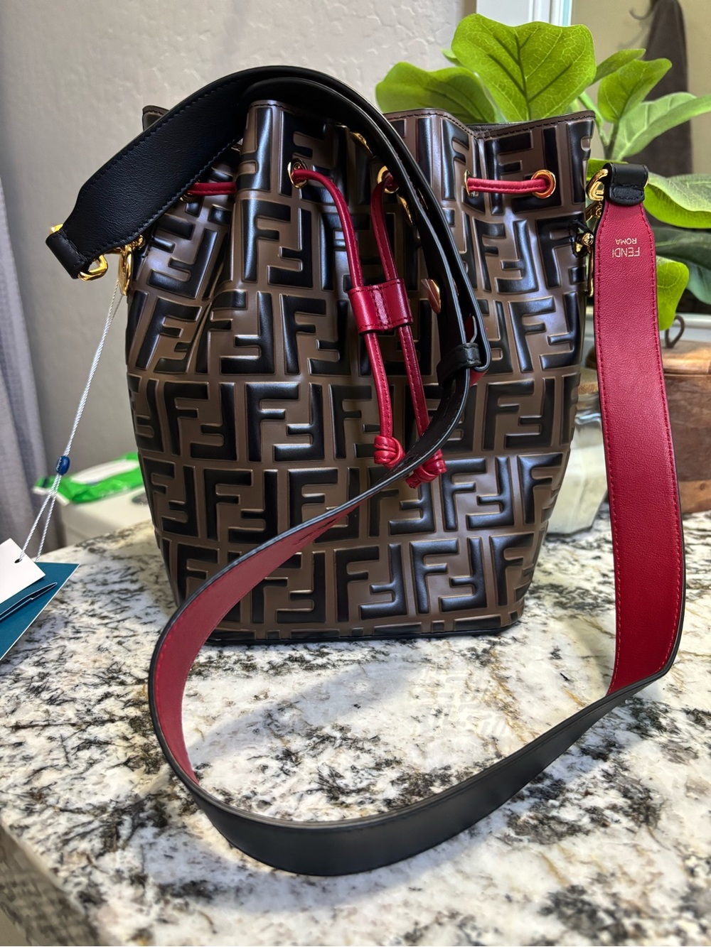Fendi Brown Embossed FF Bucket Bag with Red Drawstring and Black Strap - Picture 2 of 8